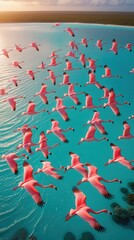 Award-Winning 8K Drone Image of Flamingos in Flight Over Turquoise Ocean at Golden Hour