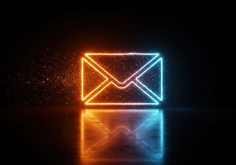 Glowing neon email icon with reflection on a dark background and sparkling particles effect around it