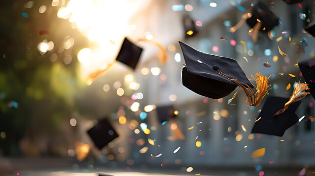 Graduation caps and confetti celebrating a successful graduation. A beautiful image showcasing graduation caps floating in the air amidst a flurry of colorful confetti.