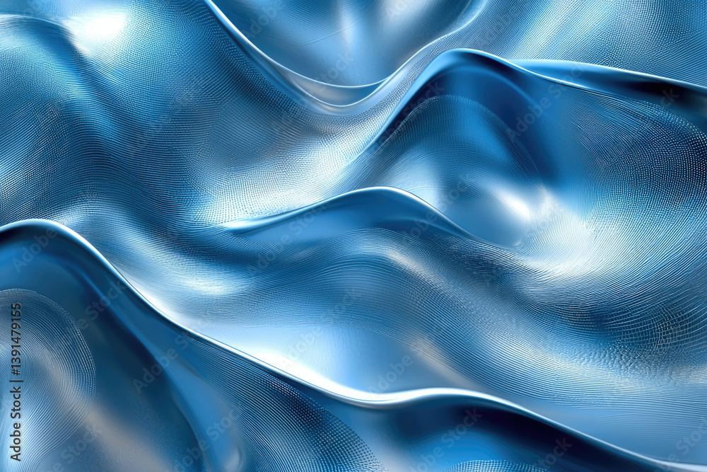 Poster Abstract blue metallic waves, smooth flowing curves, digital rendering, elegant texture.