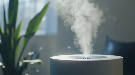 Close-up of a modern humidifier releasing vapor into the air enhancing indoor air quality