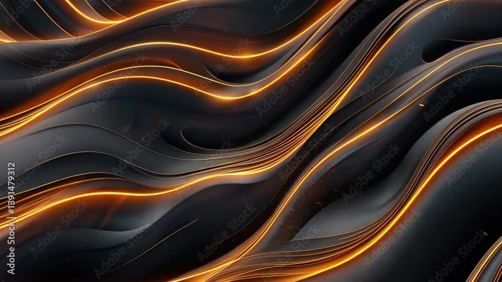 Poster dynamic abstract background flowing waves of dark texture illuminated by orange light, creating mesm