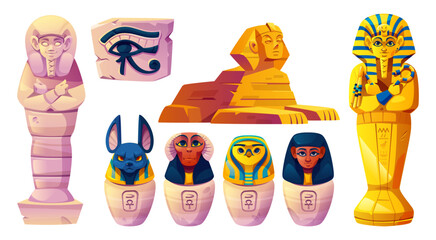 Ancient Egyptian statues set - pharaoh sarcophagi and figurine, Sphinx, vases with animal heads, Eye of Horus fragment. Historical tomb stone sculptures, archaeological artifacts, museum exhibit items