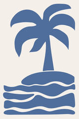 Obraz premium Geometric vintage poster .Minimalist blue poster of palm trees on an island
