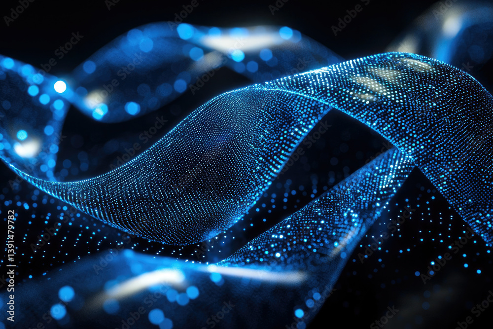 Poster Abstract blue particle wave flowing in dark space, creating a mesmerizing visual effect.