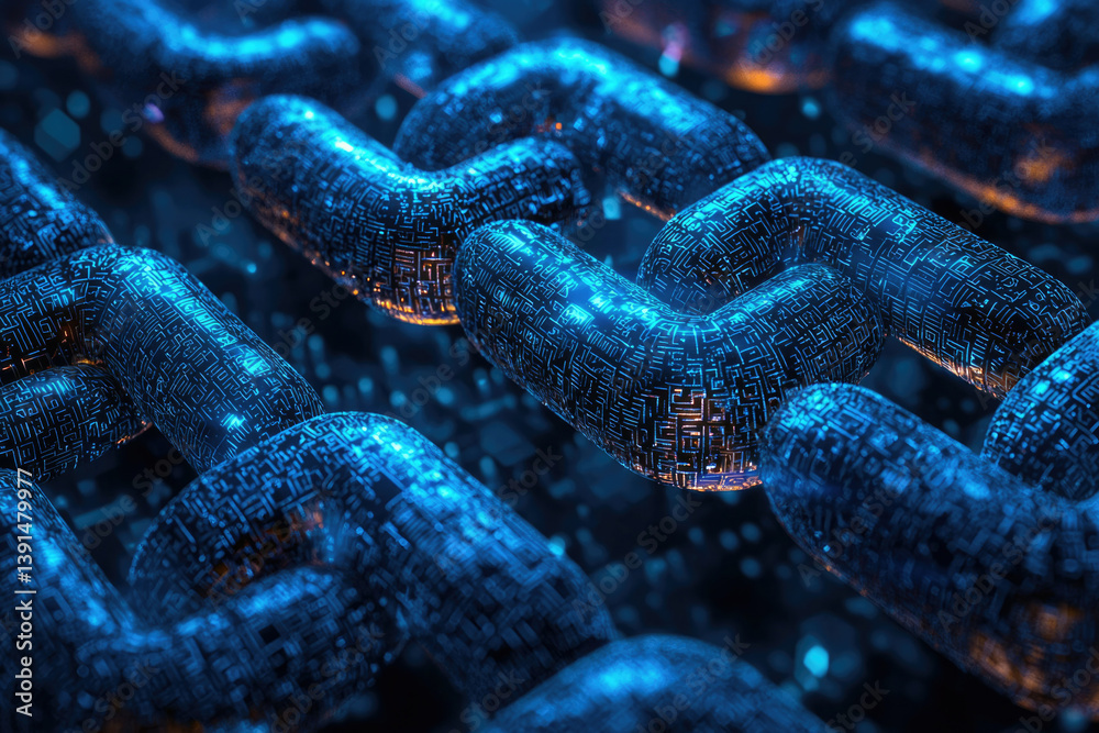 Poster Abstract digital chain links, glowing blue, representing blockchain technology and data security.