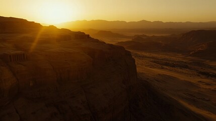Naklejka premium Majestic golden sunrise over ancient tombs in a vast desert landscape