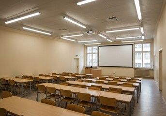 Empty classroom with rows of desks and chairs facing a projector screen and bright fluorescent lights