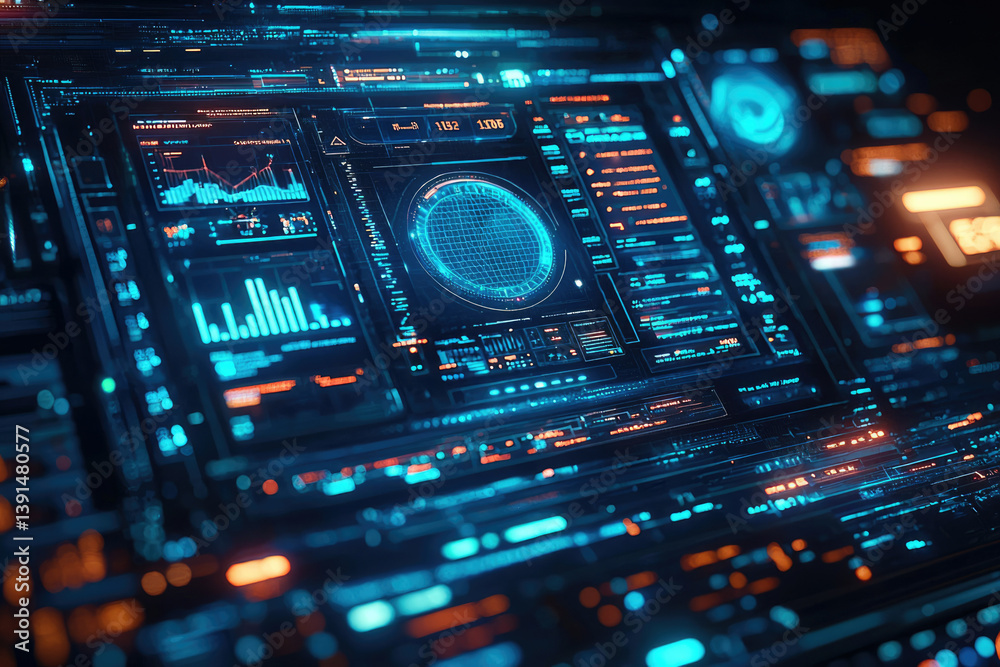 Poster Futuristic digital interface displays data visualizations, graphs, and system status information.