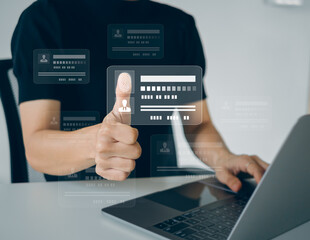 Digital identification or digital ID concept. Businessman use laptop and hand touch virtual screen of digital identification card to accessing databases by digital identity for cyber security.