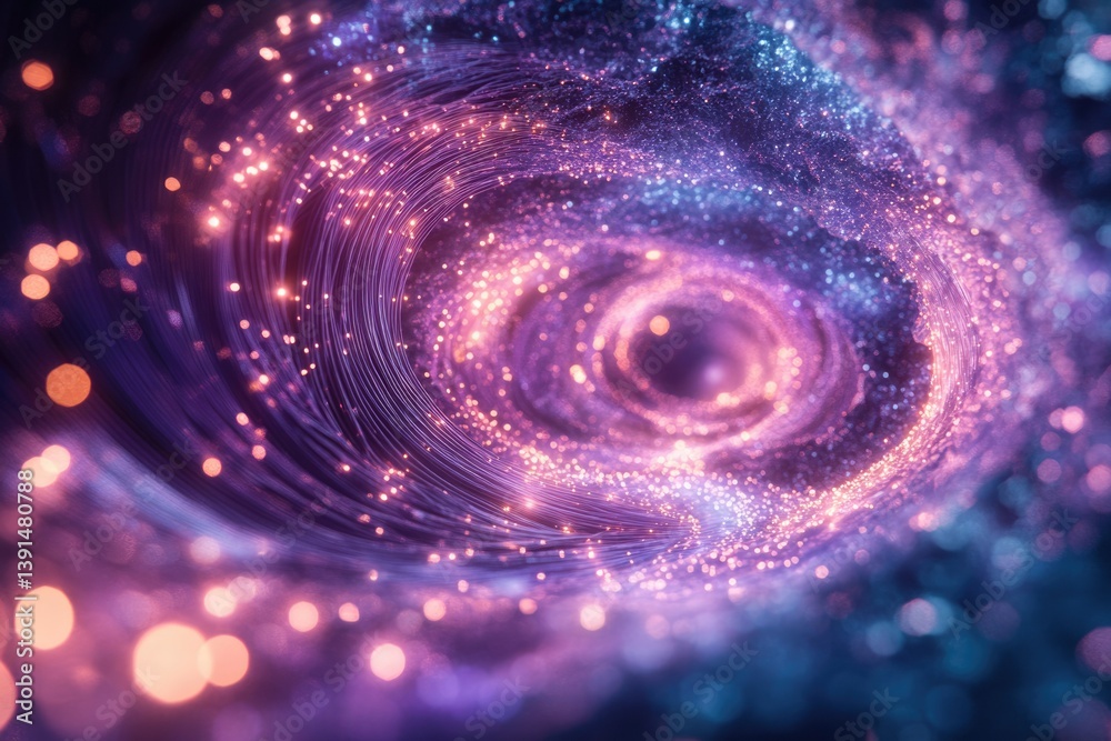 Poster abstract swirling vortex of purple and pink, glowing with bright sparkles creating a mesmerizing cos