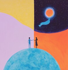 Hand-drawn earth with sun and moon elements, multicultural couple holding hands under starry sky, vibrant purple-orange gradient background symbolizing global unity for earth day, minimalist eco-poste