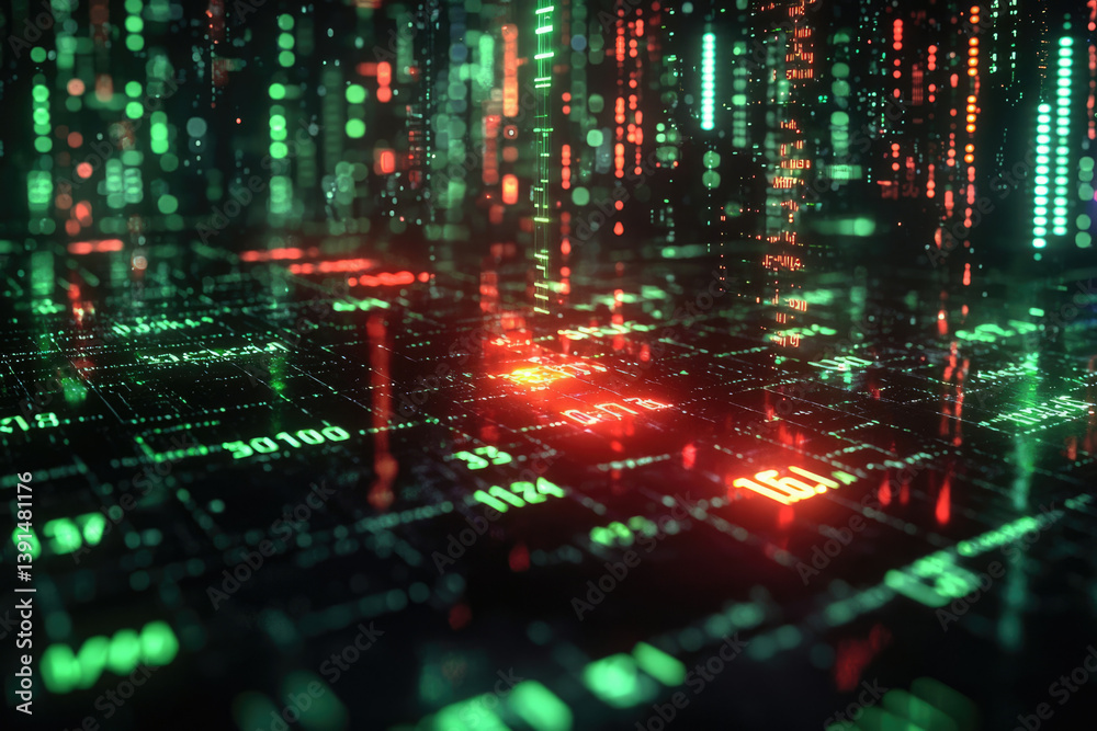 Aufkleber Abstract digital data stream visualization with glowing green and red numbers flowing on a dark surface.