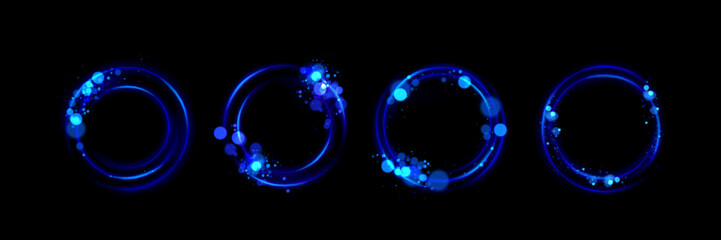 Glowing blue circles set - round neon frames, rings with sparkle and light dots decor. Shiny futuristic technology shapes on black background. Luminous geometric border design elements collection.