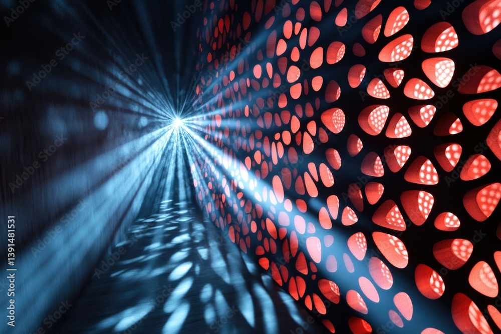 Poster Abstract light beams through patterned wall, creating striking light and shadow effects.