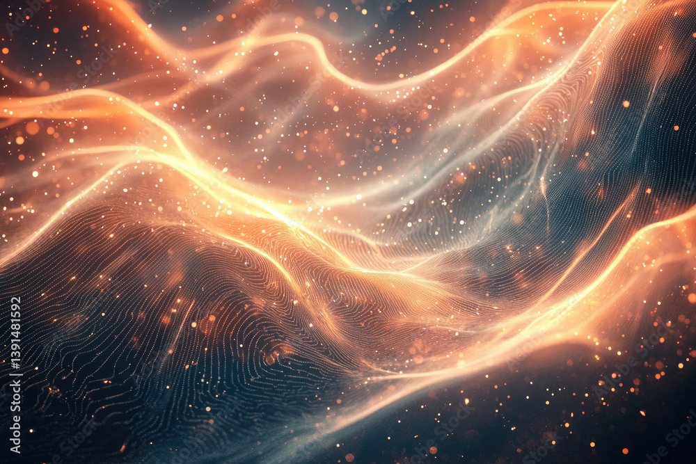 Poster abstract digital art depicting flowing, glowing orange waves with sparkling particles in a dark back