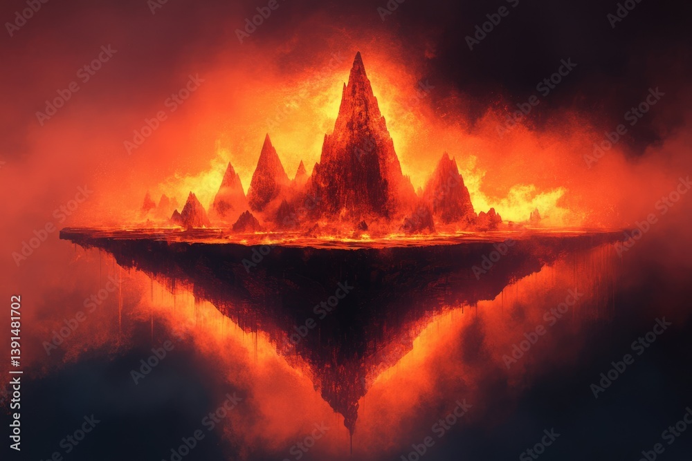 Poster an infernal landscape depicts sharp, fiery peaks rising from a floating plateau, bathed in intense r