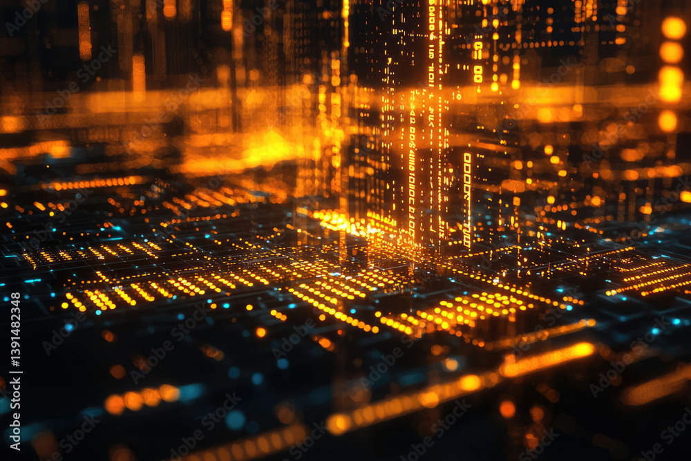 Poster abstract digital cityscape with glowing orange and blue circuits, representing data flow and technol