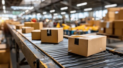 Boxes on Conveyor Belt in Distribution Warehouse