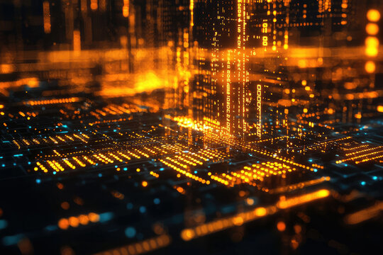 Abstract digital cityscape with glowing orange and blue circuits, representing data flow and technological advancement.