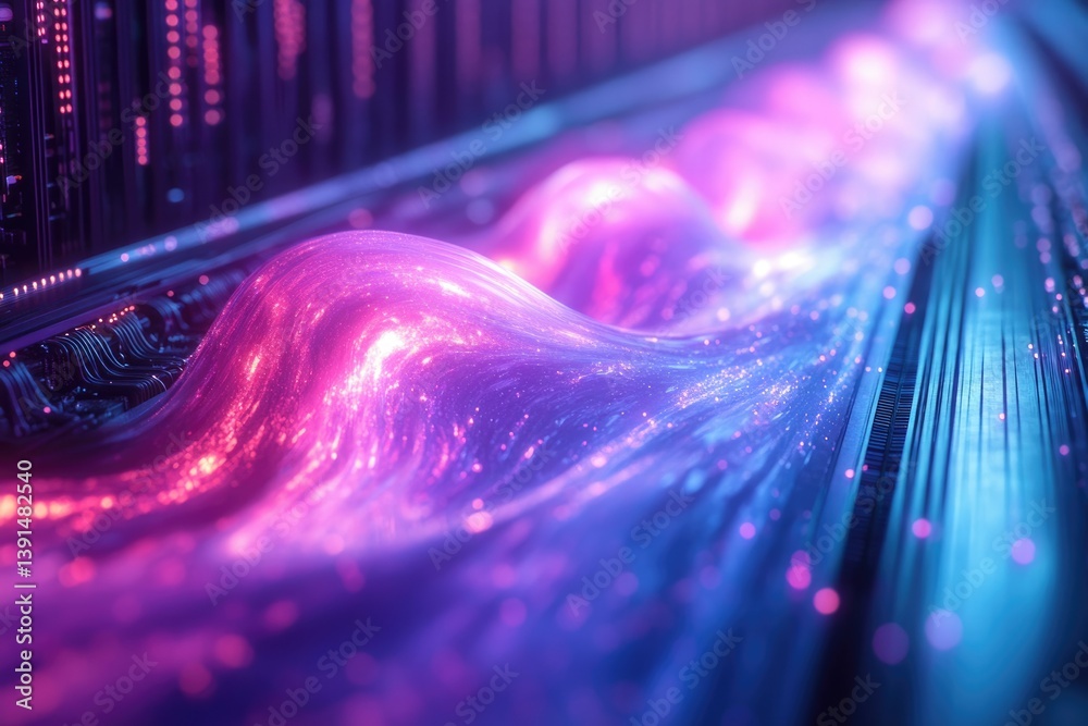 Poster Abstract, futuristic data flow with glowing purple and pink energy surging through a digital network or circuit board.