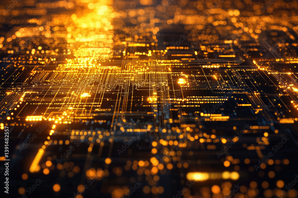 Poster Abstract representation of a complex digital circuit board, glowing with golden light, signifying technological advancement and connectivity.