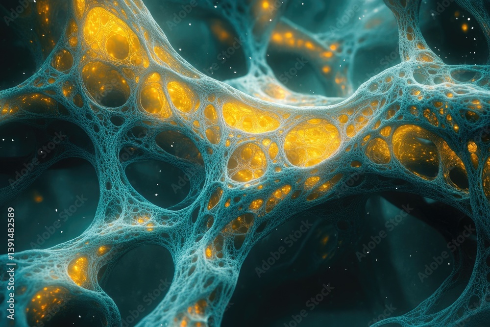 Aufkleber abstract neural network with glowing golden nodes and teal connections, resembling a complex biologi