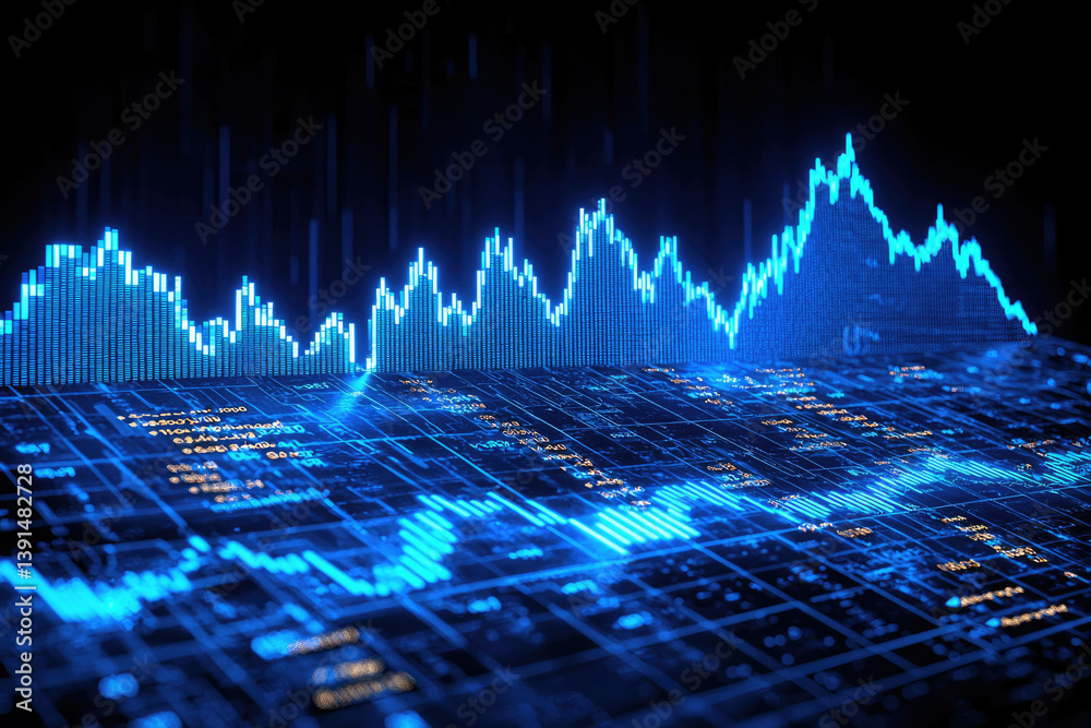 Poster Dynamic digital representation of stock market trends and data visualization.