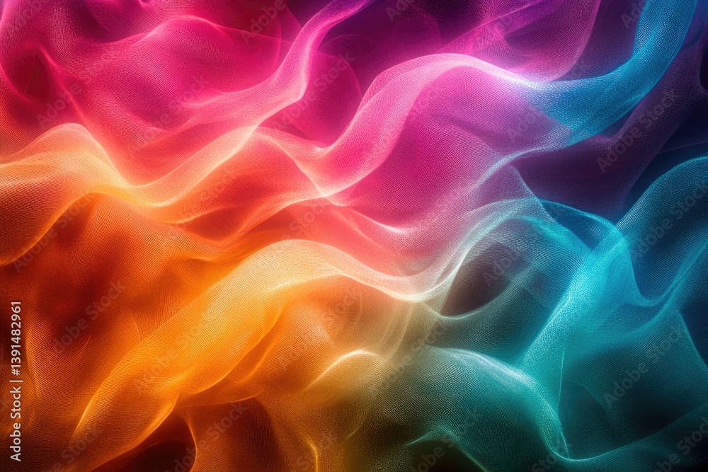 Poster abstract image featuring flowing, transparent waves of vibrant colors, shifting from pink to orange 