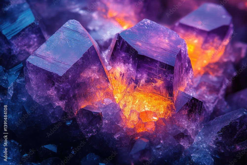 Poster A cluster of purple and blue crystals with a warm, vibrant orange glow emanating from within its core.