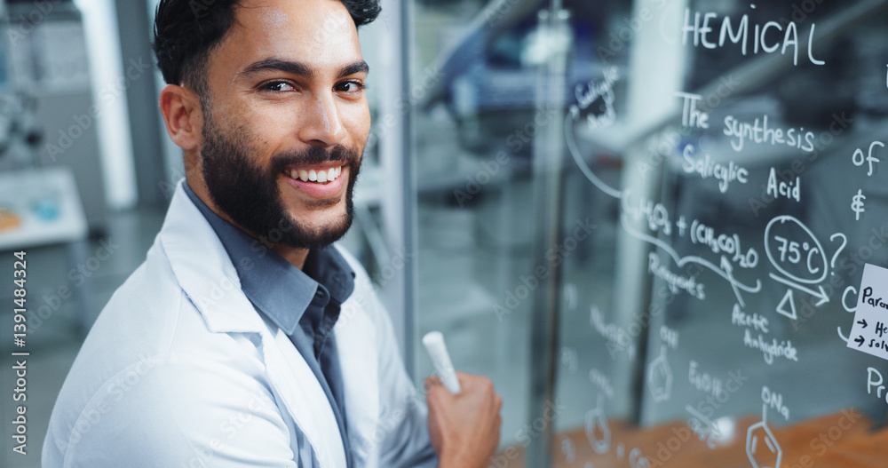 Aufkleber happy man, portrait and scientist with equation on glass board for problem solving at laboratory. ma
