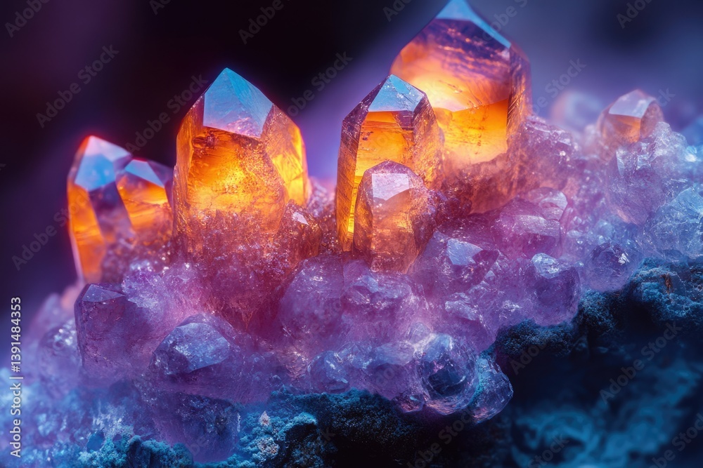 Poster a macro shot showcases a cluster of translucent, glowing crystals, tinged with hues of orange, purpl
