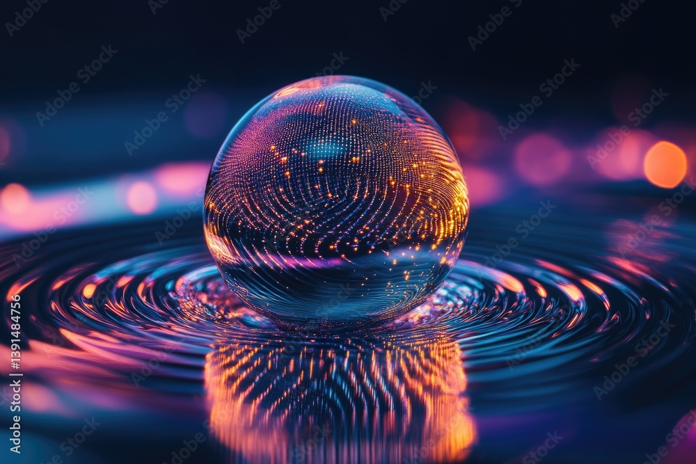 Poster A glowing orb rests on rippling water, reflecting light and color in a mesmerizing display.