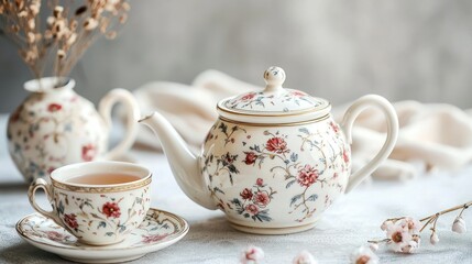 Floral teapot and teacup set on table.
