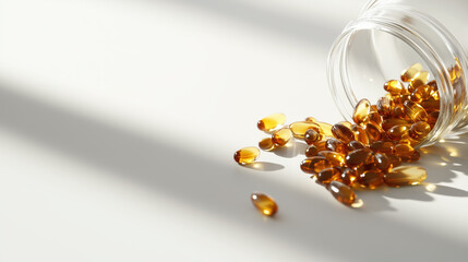 Omega-3 fish oil capsules spilled from a transparent bottle on a white background. Healthy lifestyle, dietary supplement and wellness concept.