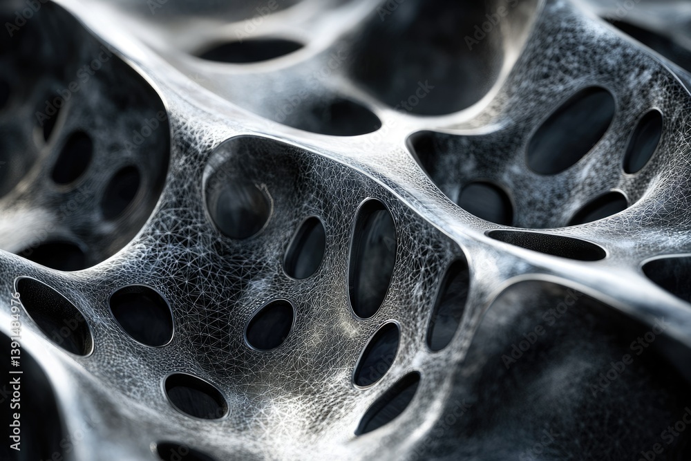Poster Intricate silver organic structure with multiple perforations, creating a porous, abstract, and visually intriguing three-dimensional web.