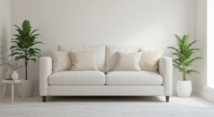 A white sofa with pillows and plants in a bright room with a white wall and floor space here too