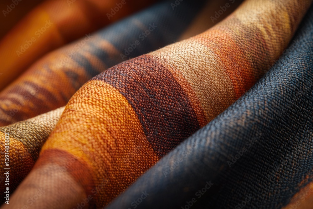 Poster a close-up view showcases textiles with warm orange hues and textured weaves, revealing fabric patte