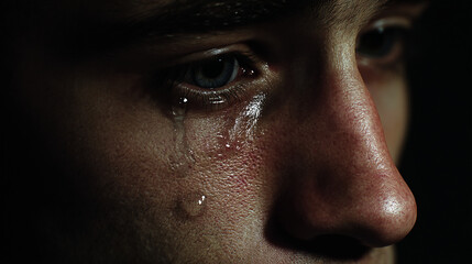 Fototapeta premium Man tearing up silently, close-up on face, dark vignette