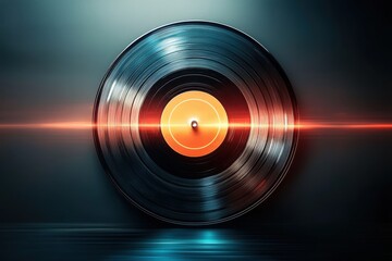 A close-up of a vinyl record with an orange center, featuring a dramatic lighting effect that highlights its grooves and reflective surface.