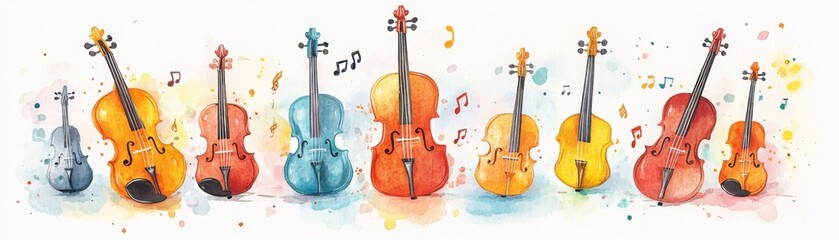 Naklejka premium A colorful illustration featuring various violins with musical notes, showcasing creativity and the beauty of music.