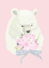 Cute Polar Bear holding Bouquet of Flowers. Vector Illustration