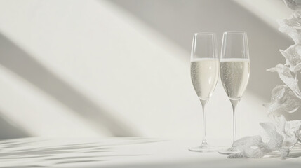Two glasses of champagne on a light background, copy space.