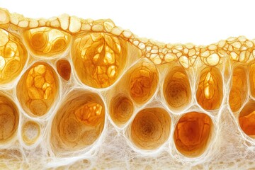 A detailed microscopic view of adipose tissue, showing fat cells surrounded by a network of collagen fibers.