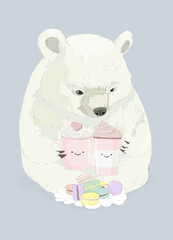 Cute Polar Bear holding Cups with Coffee. Vector Illustration