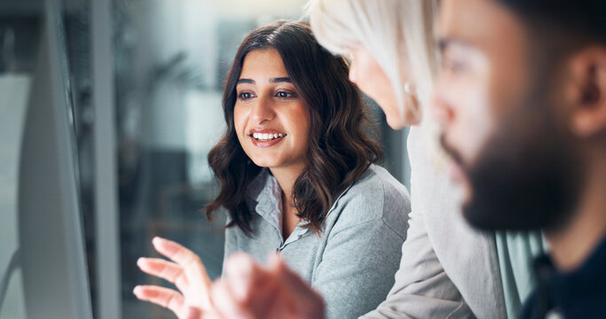 Teamwork, computer and mentor with business people in office for research, planning and journalist advisor. Coaching, help and collaboration with employees in agency for discussion and article editor