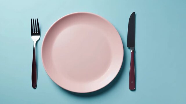 Overhead shot of pink plate with fork and knife on light blue background centered view table setting