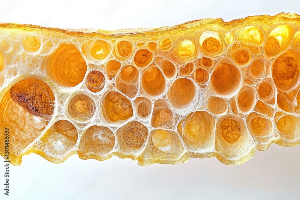 Poster Close-up of a golden-hued honeycomb-like structure with bubbly, interconnected cells creating an organic and visually intriguing pattern.