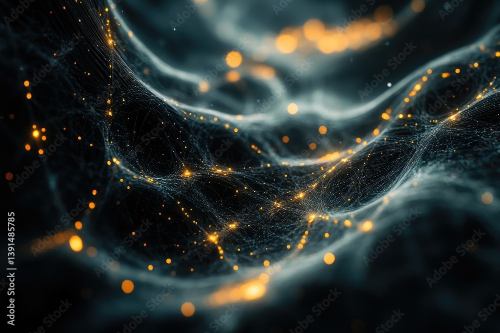 Poster Abstract network of interconnected lines and glowing points, symbolizing connectivity, data flow, and technological advancement in a mesmerizing dark environment.