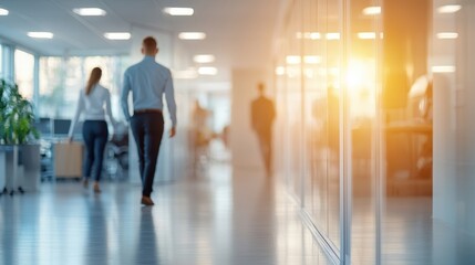 A bright office hallway with people walking, showcasing a modern work environment and a sense of productivity.